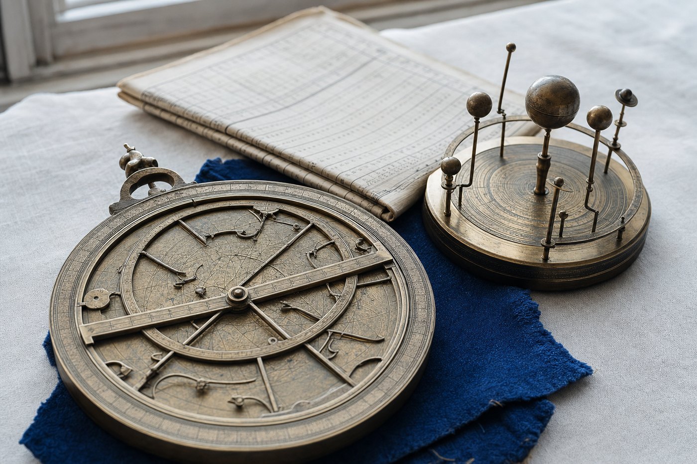 Astrolabio de latón y un pequeño orrery junto a una tabla de efemérides impresa.